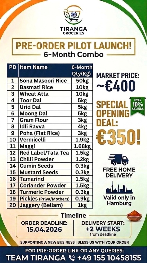 Tiranga Groceries 6-Month Combo Poster - 20 items, €350 special deal